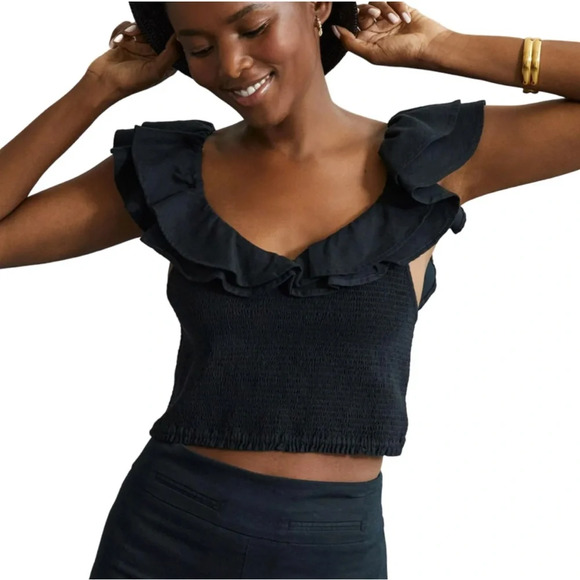 Maeve Anthropologie Smock Top Ruffle Neck Off The Shoulder Black Blouse: 6 - Picture 1 of 12